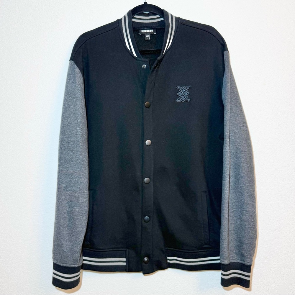 Express Men's Black and Gray Fleece Varsity Bomber Jacket